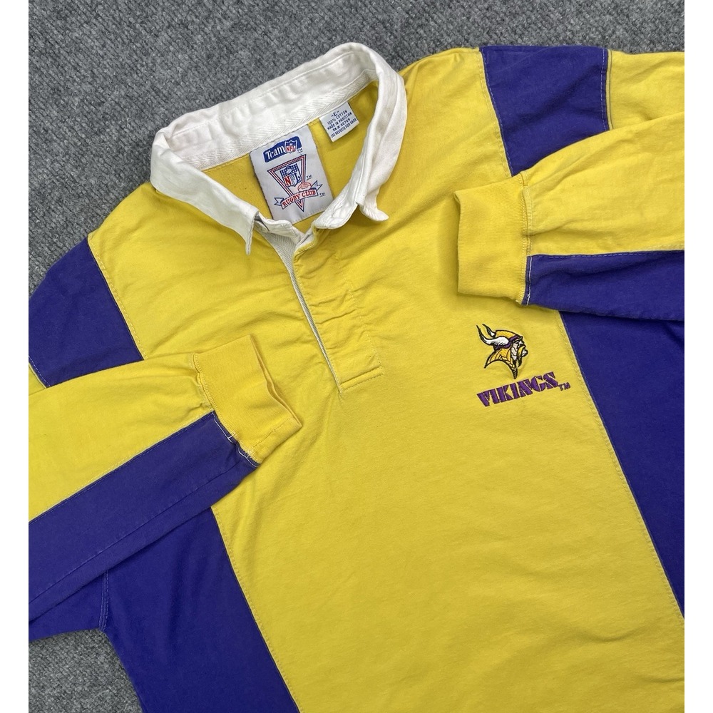 VINTAGE Minnesota Vikings Rugby Club Shirt Men's L Yellow Purple Polo NFL Y2K - Picture 1 of 8